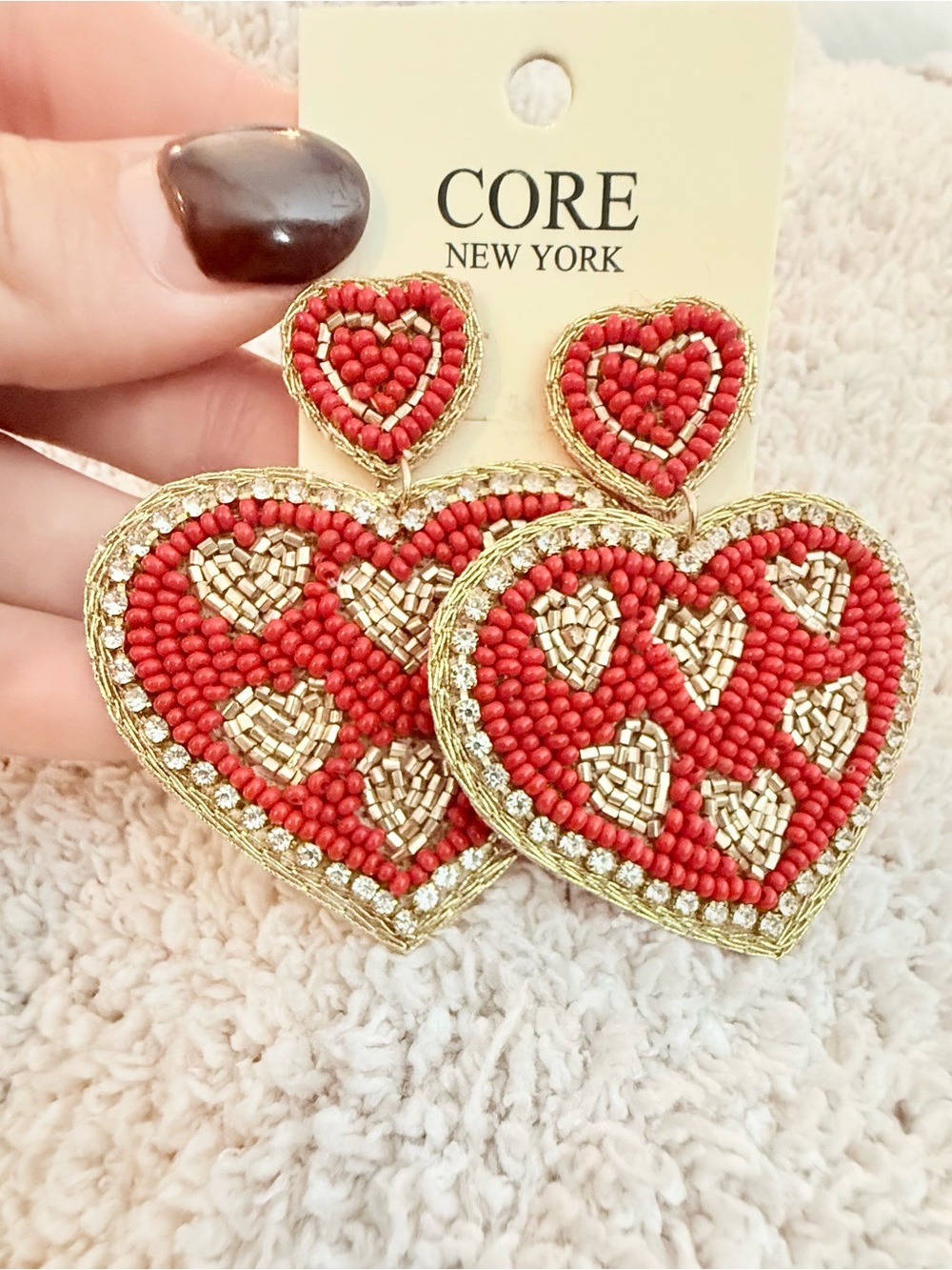 CORE New York Red and Gold Beaded Heart Drop Earrings